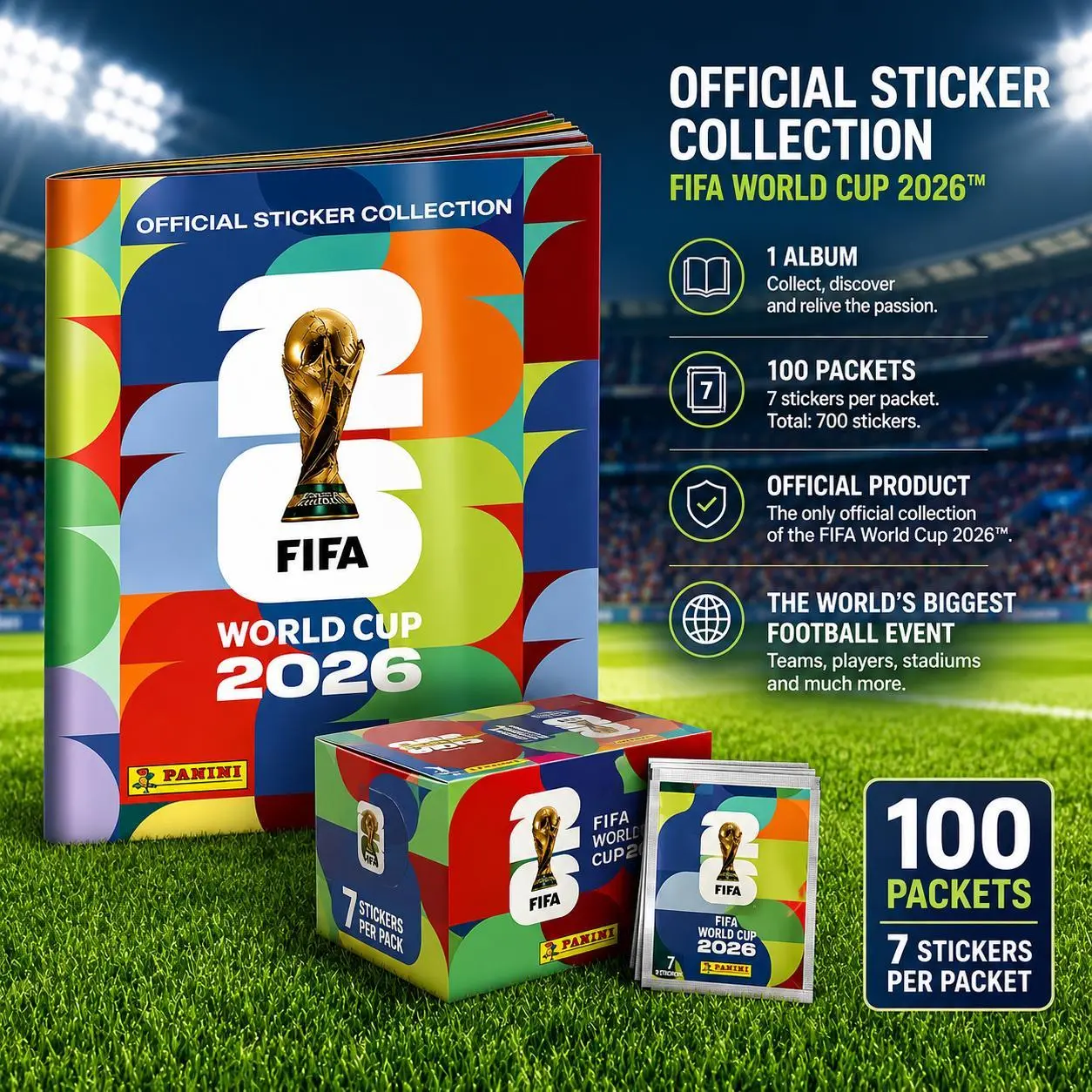 The Panini FIFA World Cup 2026 official sticker collection - 1 Box of 25/50/100 Packets and a soft cover album 2026