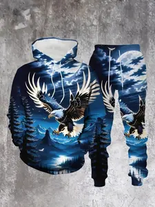 Men's Eagle Pattern Comfortable Long Sleeve Hoodie Set Outfit, Sporty Style, Fitted Design, All over Print, Spring & Fall Fashion