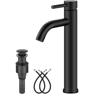 Matte Black Vessel Sink Faucet Bathroom Faucet Tall Stainless Steel Bathroom Sink Faucet Single Handle One Hole Round  with Pop up Drain Basin Bowl Vanity Lavatory Mixer Tap