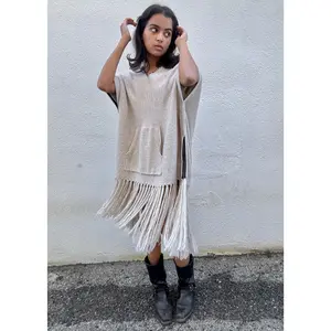 Raquel Allegra Oatmeal Cashmere Blend Long Fringed Poncho
