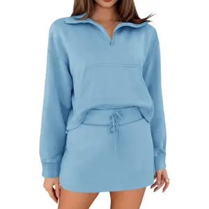 Fisoew Womens Sweatsuits 2 Piece Outfits Quarter Zip Cropped Sweatshirts Casual Mini Skorts Lounge Wear Skirts Sets