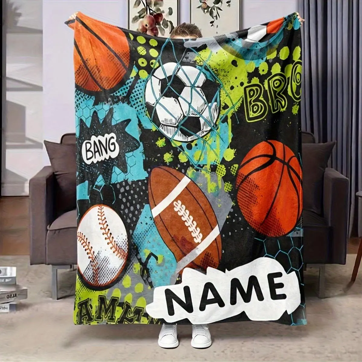 Personalized Soft Polyester Sports Blanket - Custom Name, Vibrant Prints (Football,Basketball,Baseball,Soccer), Fading-Resistant, Multi-Size (76cm×101cm/30x40in,127cm×152cm/50x60in), Playrooms Decor, Cozy Throw for Youngsters