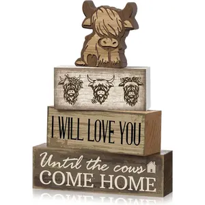 4 Pcs Highland Cow Table Decorations Rustic Western Tiered Tray Decor Decorative Highland Cow Block Signs Western Tabletop Centerpieces Farmhouse for Home Desk Room Kitchen Shelf Decor