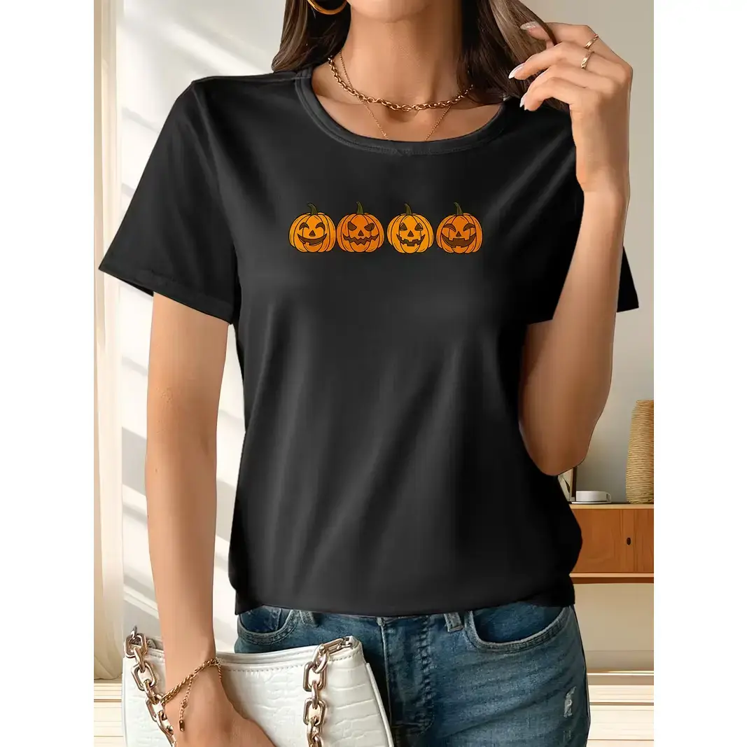 "Pumpkin Smiling Face" Halloween Print T-shirt, Summer Wear, Round-neck T-shirt, Women's Clothing, Fashionable-1