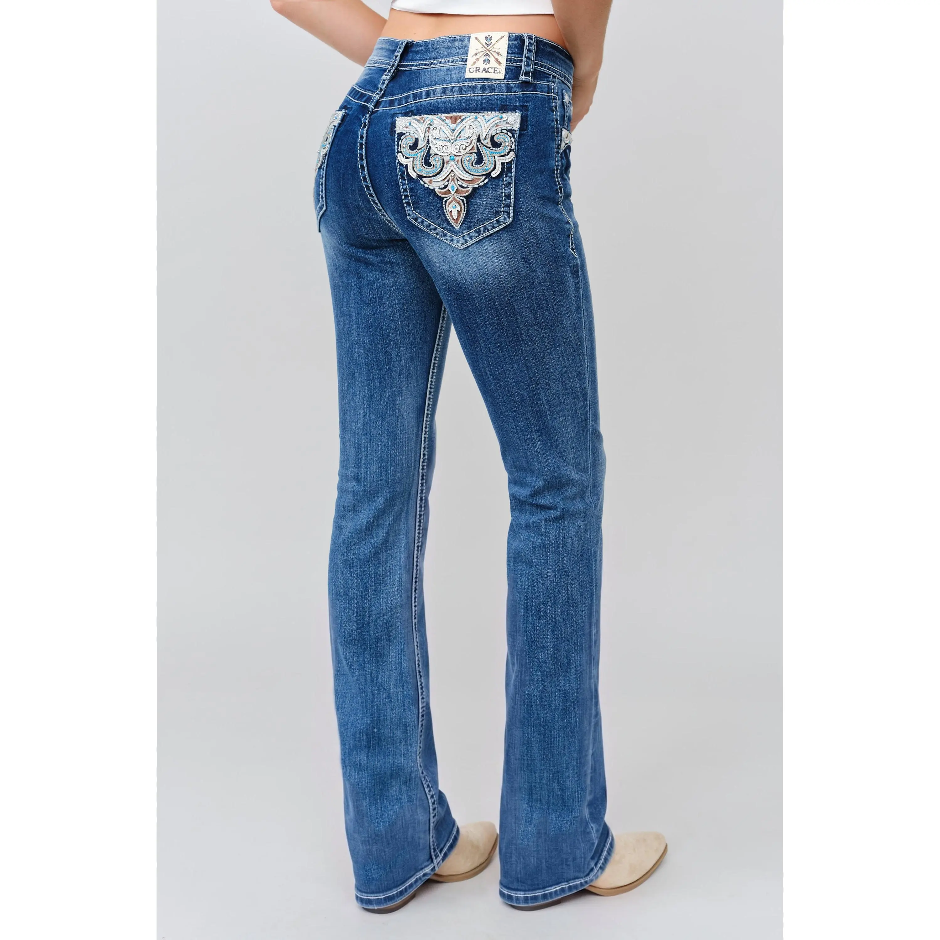 Aztec Scrollwork Applique Bootcut Jeans Women Mid Rise Crystal Turquoise Western Denim