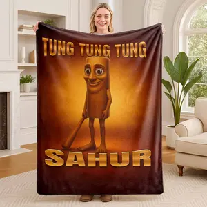 Tung Tung Character Flannel Blanket, Sahur Celebration Print Pattern, UltraSoft, Lightweight and Cozy, Perfect for Warmth, Snuggling, Travel, Camping, Home Decor, Sofa, Living Room, Dorm, Holiday, Ramadan, Eid Gift Idea, Family and Friends.