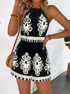 women's all over print halter neck romper, elegant boho fashion casual backless romper for daily outdoor wear, women jumpsuits for summer, sleeveless bohemian womenswear, floral print overalls