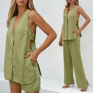 TANKANEO Women's 2-Piece Solid High-Waisted Short Set, Breathable Elastic Casual Tank Blouse & Shorts for Summer Beach Vacation