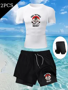 Men's Jiu-Jitsu Letter Print Compression Dry Fit Set, High Elastic Gym and Outdoor Sportswear, Slim T-Shirt and Double Layer Drawstring Shorts