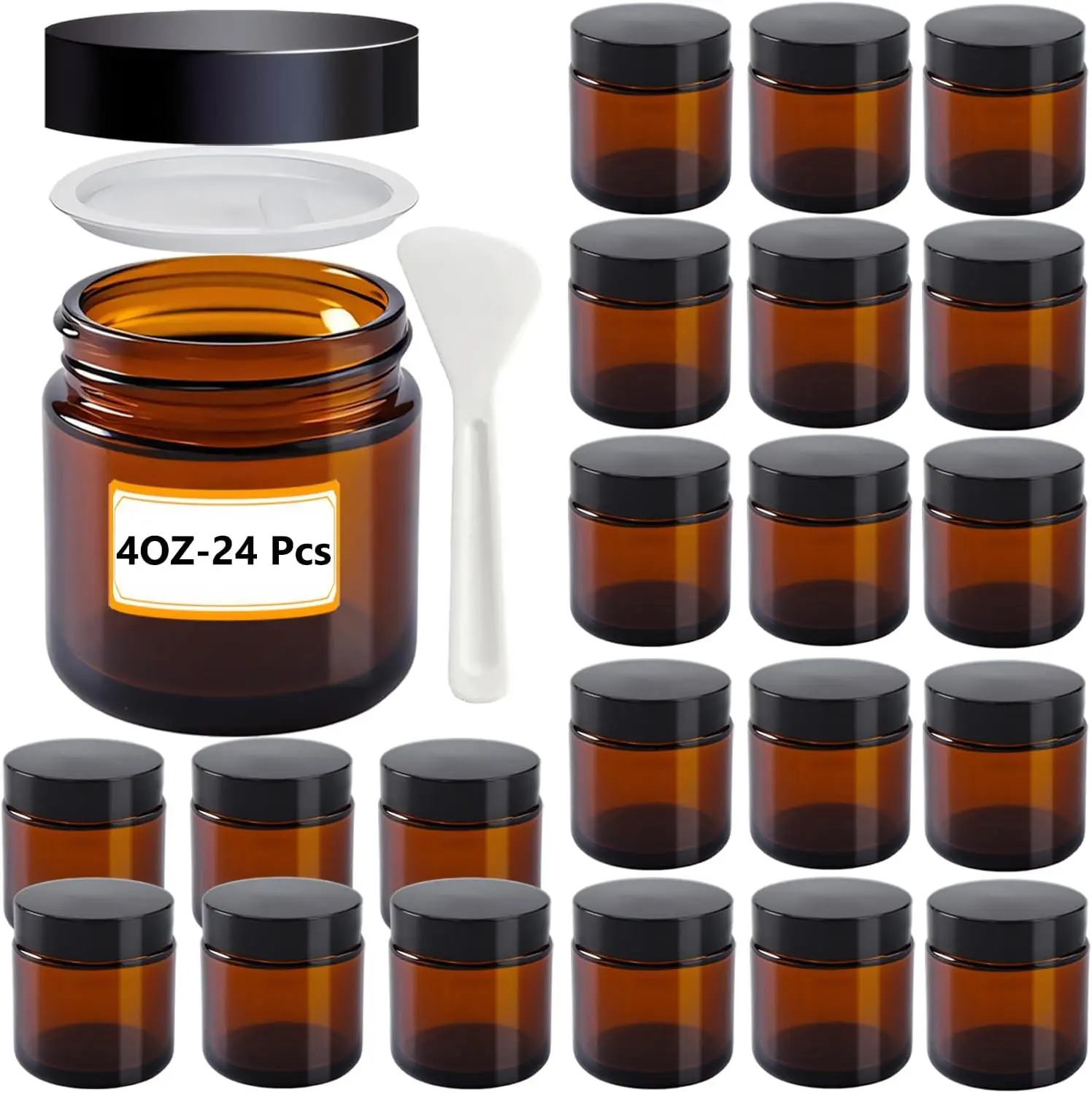 4 oz Amber Glass Jars with Lids,24 Pack 4oz Small Glass Jars with Inner Liners,4 Ounce Travel Jars for Cosmetics Container,Cream Lotion,Body Scrub