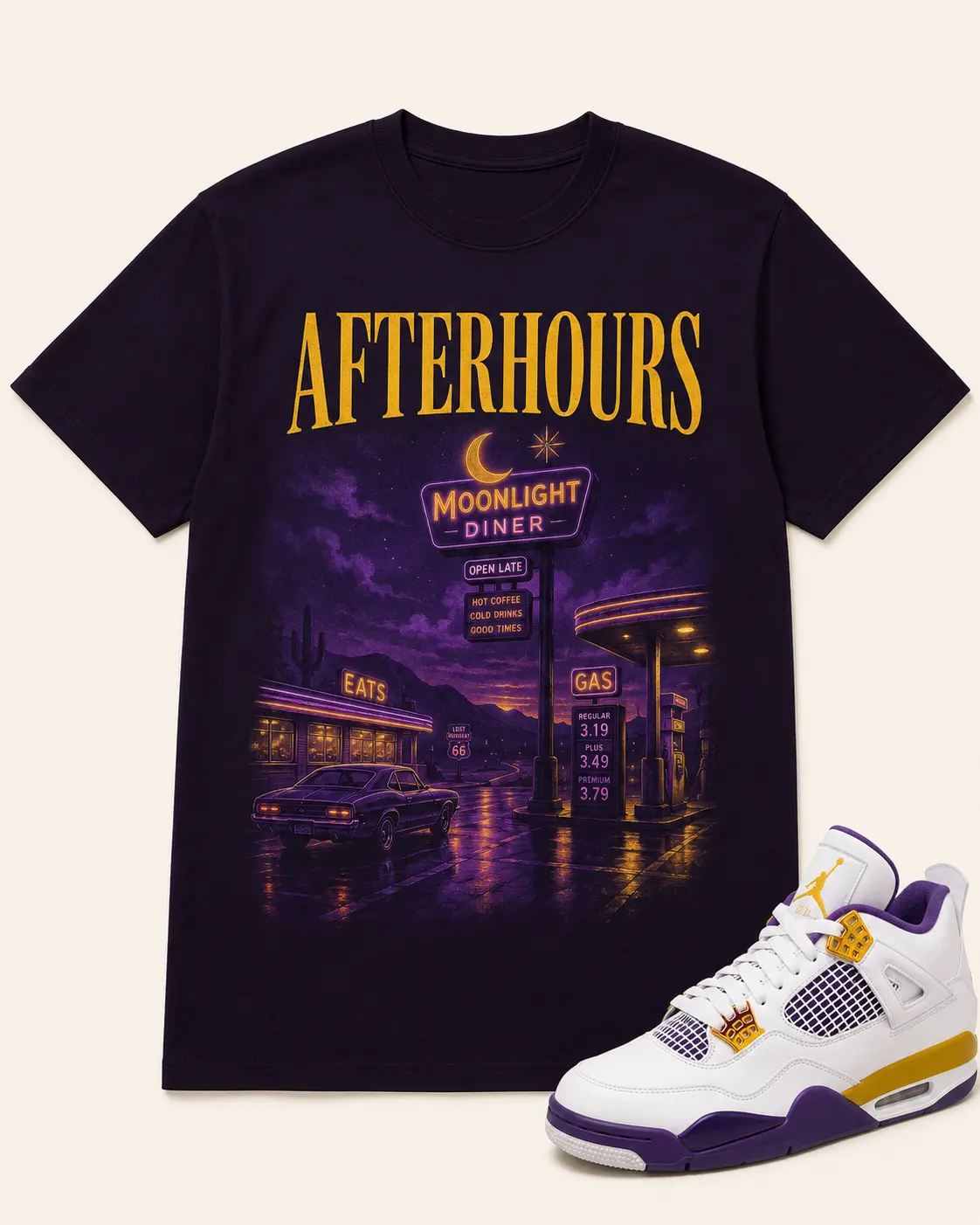 Men's Short-Sleeve Graphic Streetwear Tee - Purple Gold Afterhours Apparel, Matching Jordan 4 Sneaker Top, Classic Basic Lightweight Everyday Casual Retro Aesthetic Round Neck Stylish Neon Sign Print Coordinated Menswear