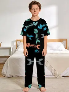 Little Fish Bone's Undersea Adventure 2-Piece Boys' Digital Printed Short-Sleeve Pajamas with Extended Sleep Pants, a stylish, trendy, casual, comfortable and soft pajama set, suitable for boys' sleep and home leisure, a perfect gift for boys