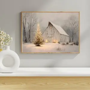 Winter Scene Wall Art- Rustic Christmas Barn Print -Snowy Holiday Decor