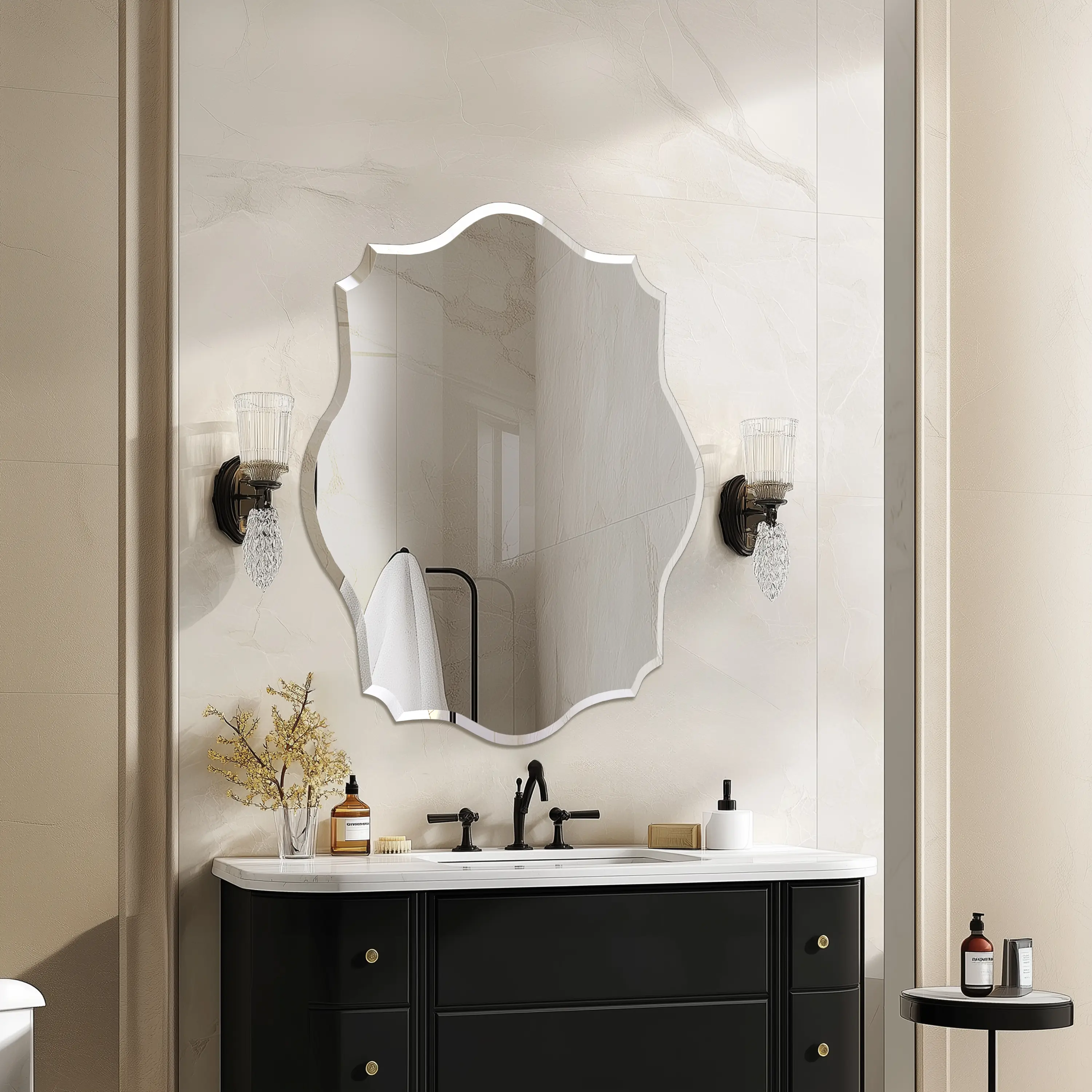 Minimalist Vertical Durable Frameless Scalloped Irregular Glass Mirror - Wall-Mounted, Beveled Edge, Bathroom Vanity Fixture for Home Improvement