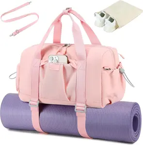 Small Gym Bag for Women, Mini Duffle Bag with Yoga Mat Holder Lightweight Carry on Sports Bag with Separate Shoe Pocket and Wet Pocket Duffel Bags Dance Yoga Workout Bag (Pink)