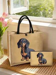 Chihuahua Print Linen Handbag Set, Cute Dog Theme Shopping Bag with Matching Small Makeup Bag, Reusable Large Capacity Bag