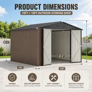 10x10 FT Metal Storage Shed Outdoor Tool Shed Heavy Duty Steel Yard Utility House with Lockable Doors Large Backyard Organizer for Garden Patio Lawn Mower Equipment Storage Outside Bike Shelter and Property Protection