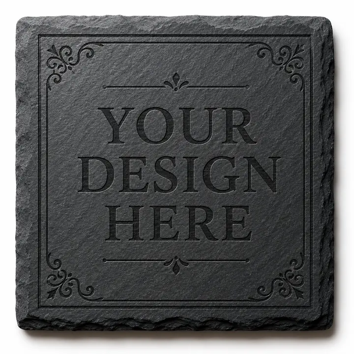 Custom Laser-Engraved Natural Slate Square Coaster Set (Set of 4) - Durable Tableware, Raw Edges, Rustic Look, Non-Slip Design, Personalize with Design for Businesses, Tabletop Use