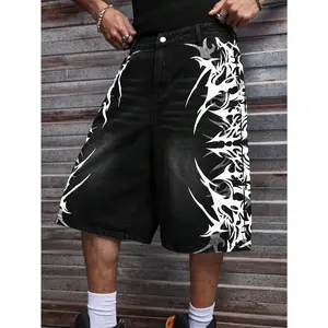 Men's High Cotton Tribal Thorn Print Denim Shorts, Black Vintage Washed Wide Leg Baggy Jean Shorts, Y2K Streetwear Hip Hop Casual Summer Shorts for Men