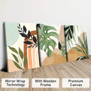 3 Counts Wooden Framed Canvas, Tropical Plant Abstract Pattern Print Geometric Decoration Poster, Perfect Living Room Decoration, Modern Art, Fashion Family Poster, Wall Art Decoration, Waterproof, Artwork