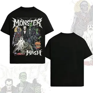 Frankenstein & Dracula Monster Mash Graphic T-shirt, Spooky Halloween Aesthetic Cotton Tee for Men, Men's "Monster Mash" Universal Monsters Vintage Horror T-shirt, Oversized Halloween Streetwear Tee