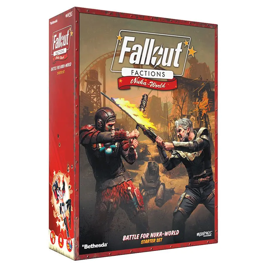 Modiphius Fallout Factions Battle for Nuka-World Starter Set - Hard Plastic Battle Games Board Game Kit, 4.5 lbs Components, 80-Page Rulebook, 12 Dice, 86 Tokens, Tape Measure, Farm Animal & Poultry Supply Toy Gang-Building Kit, Miniature