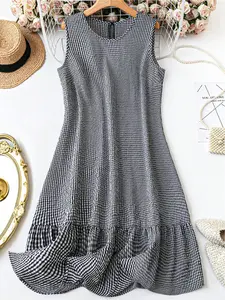 Sleeveless Gingham Ruffled Ruffle Hem Dress For Women, Casual Round Neck Checkered Plaid A-Line Summer Dress