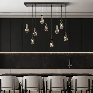 9-Light Chandeliers for Dining Room, Black Dining Room Lights Fixture Over Table, Teardrop Pendant Lights Kitchen Island, Adjustable Rope Hanging Lamp Ceiling for Living Room