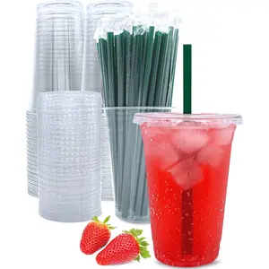 [50 Sets] 20 oz Clear Plastic Cups with Lids and Straws, Disposable Coffee Cups