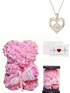 Handmade Eternal Flower Rose Bear Necklace Set, Valentine's Day Gift for Girlfriend, Mother's Day Present, Wedding Decoration