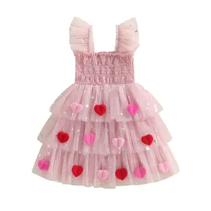 Toddler Baby Girl Valentine Outfits Little Girls Valentine Dress Square Neck Sleeveless Dresses Heart Pink Clothes