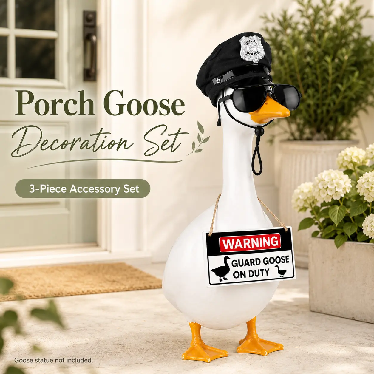 3-Piece Porch Goose Decoration Set, Police-Style Hat & Sunglasses with Guard Goose Wooden Hanging Sign, Funny Porch Goose Outfit Accessories for 23-28 Inch Standard Goose Statue, Goose Not Included