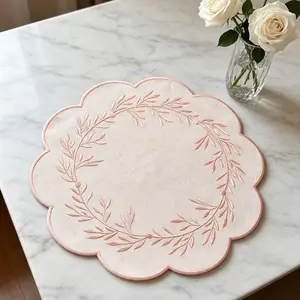4/10 Piece Embroidered Floral Linen Placemats, 14.96 Inch Heat Resistant, Petal Shape Table Mats for Home Decor, Wedding, Holiday, Afternoon Tea