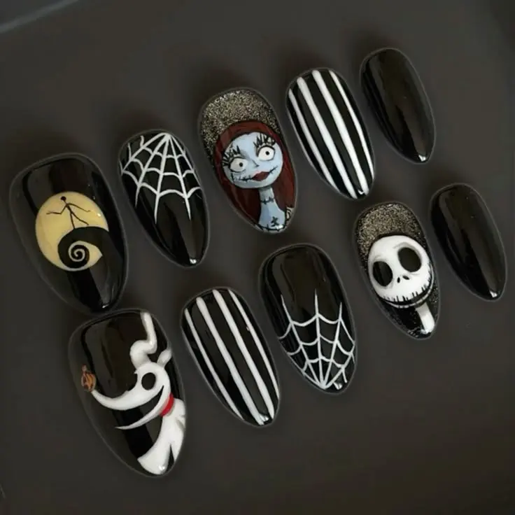 Aghoster Ebriden Inspired Nightmare Before Christmas Press On Nails | Ejacker Tsallyth Halloween Gothic Nail Set, Hand-Painted Black & White Nail Art |FREE Adhesive Tabs  Nail File Cuticle Stick