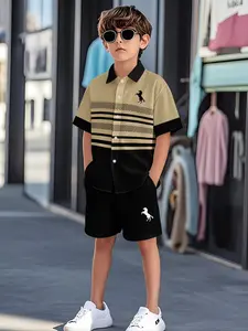 Boys' Fashion Rest Set, Short Sleeve Shirt Set, Cool Graffiti Design, Breathable Fabric, Casual Style, Random Print, 2 Pieces