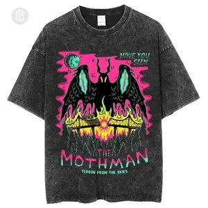 Have You See The Mothman Unisex Printed Retro WashedShort Sleeved T-Shirt, Halloween Shirt, Graphic Tee, UnisexFashion, Full Color, Full Size, For Men, For Women