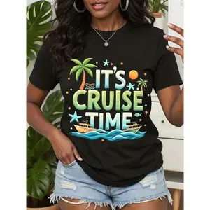 Cruise Ship T-Shirt With It's Cruise Time Tropical Palm Tree And Boat Print   Perfect For Vacation, Beach, And Summer Travel Outfits,WoWomen's T-Shirts, Festive Celebration Wear, Festive Graphic Tee, Festive Fashion Lovers