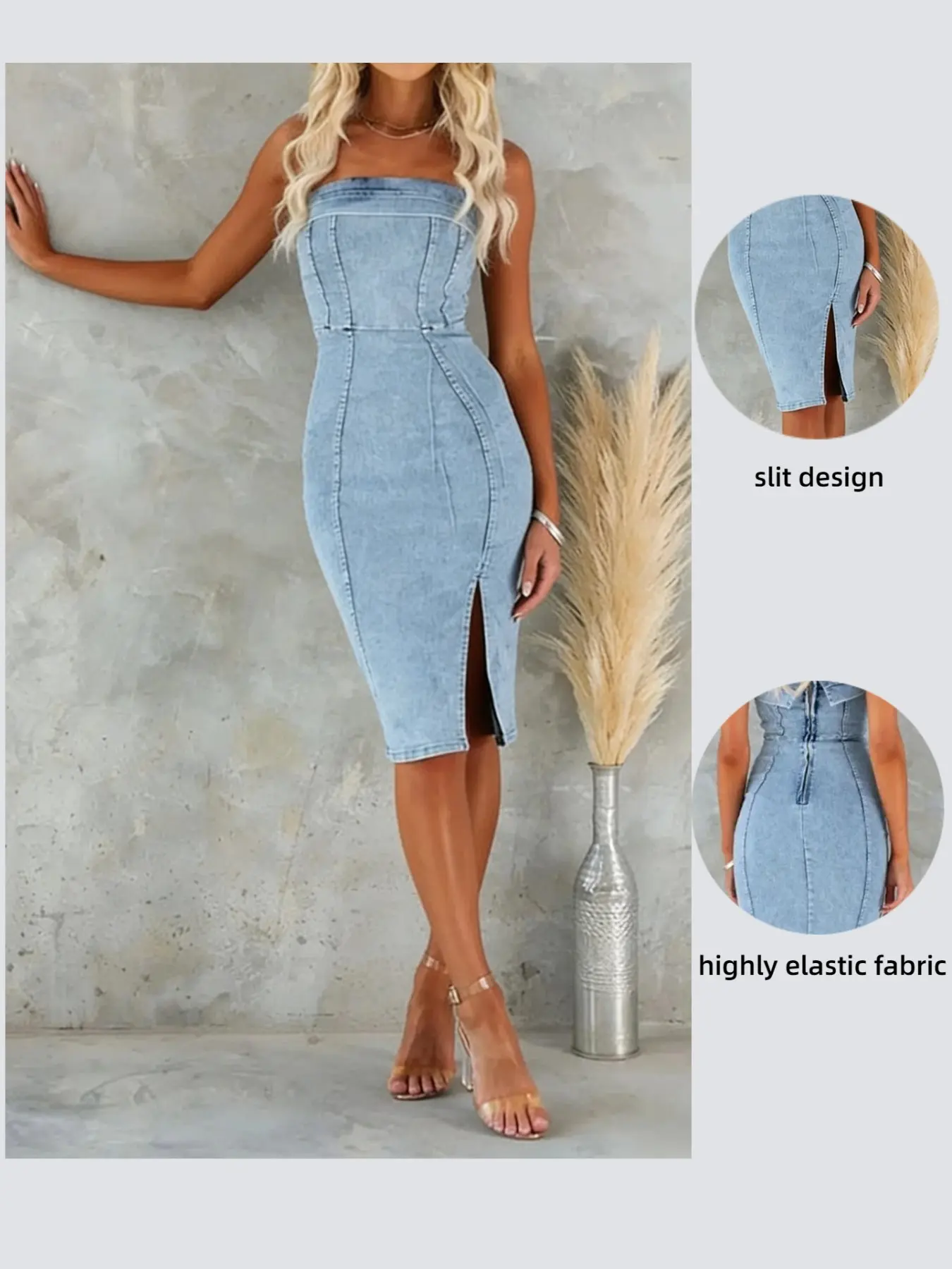 Y2K Sexy Curve Women's Light Wash Stretch Crop Top High-Waisted Jeans Midi Dress, Vertical Line Cut, High Split, Back Zip, Tight Fit