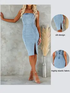 Women's Washed Denim Casual Jumpsuit, Sleeveless Top, Comfortable Fashion Design Slit, Ideal for Daily Wear, Perfect for Summer