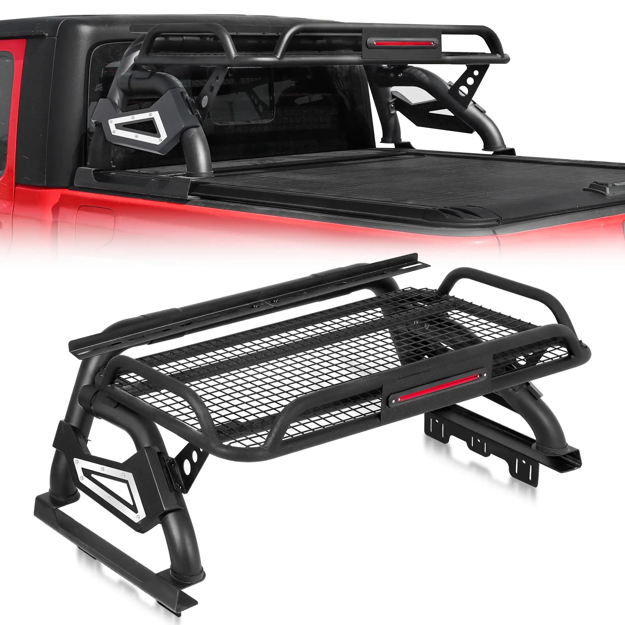 MONOKING Adjustable Full-Size Truck Roll Bar with Cargo Basket & Brake Light - Universal Fit Automotive Accessory for F150,F250,F350,Raptor,Lightning,Silverado,Sierra,Ram 1500-3500,Tundra,Titan,Enhances Functionality