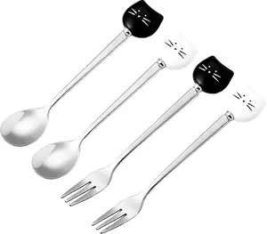 Adorable cat-themed spoon and fork combo, ceramic handles with stainless heads, ideal for desserts, drinks, fruit, stylish white and black design, 5.7-inch length