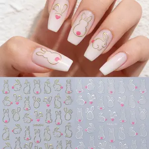 Easter Bunny Nail Art Stickers, Gold & Silver Color, Cute Animal Design, DIY Manicure Decorations, 3D Small Rabbit Pattern