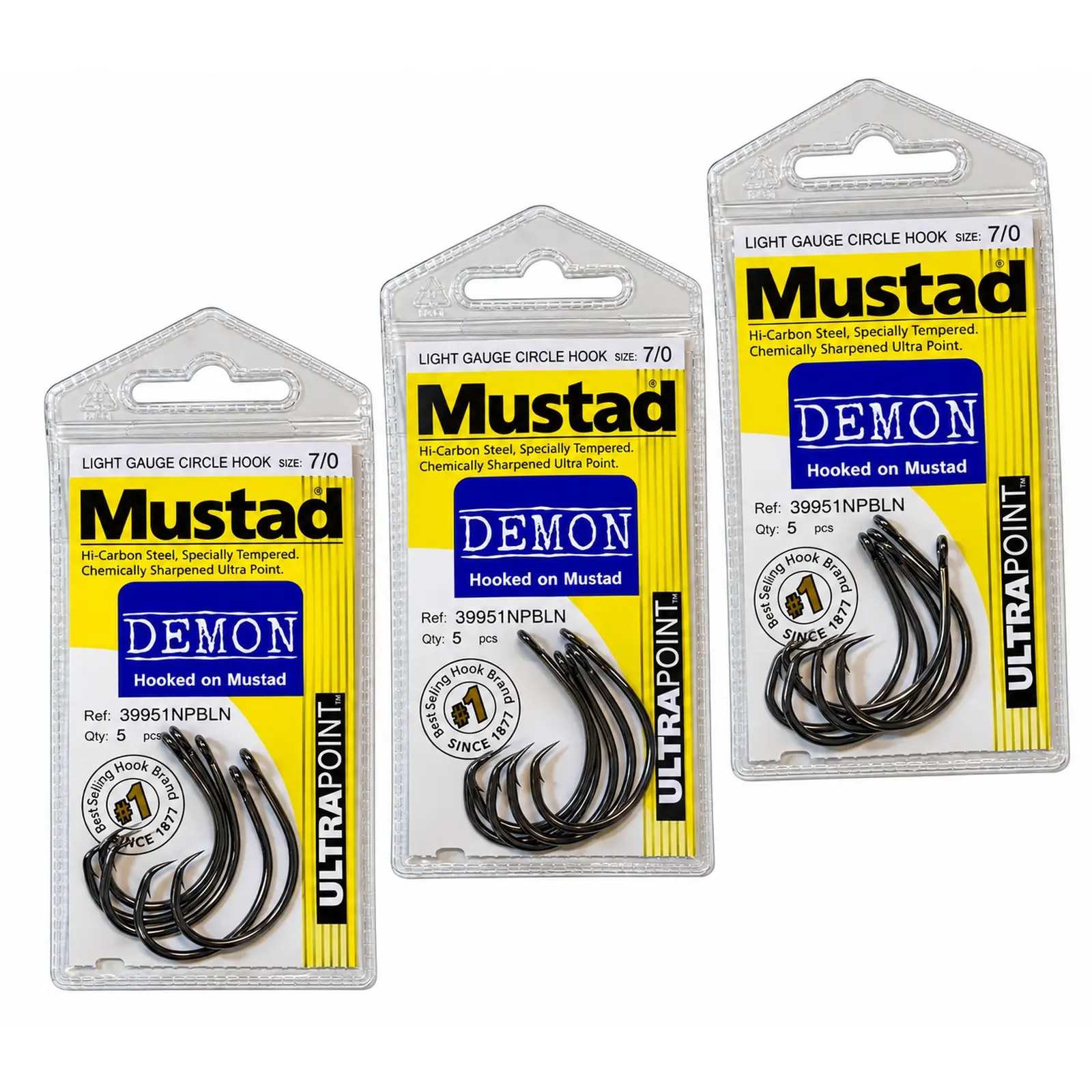 Mustad Demon Light Gauge Circle Hooks, Set of 3 Packs, 6/0 7/0 8/0, 39951NPBLN UltraPoint Hi-Carbon Steel Catfish Hooks