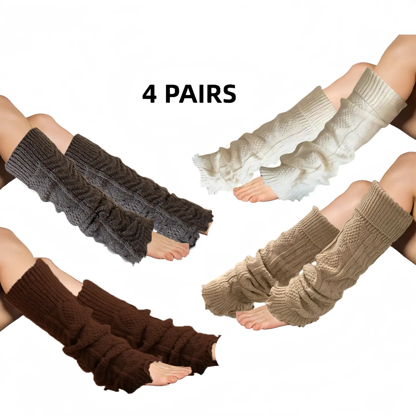 4 Pairs Women's Leg Warmers, Stylish Cable Knit Long Boot Socks, Warm Stretchy Toppers for Girls Slim Winter Outfits, Thick, Style, Elegant, Soft, Boot Knee-High Socks