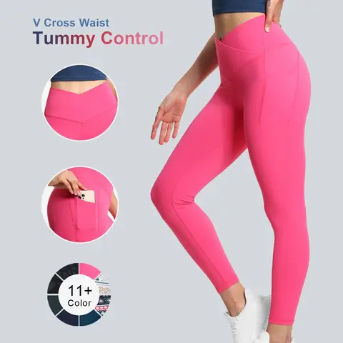 THE GYM PEOPLE Women's V Cross Waist Leggings Tummy Control Running Yoga Pants with Pockets #TikTokShopBacktoSchool