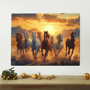 8 Galloping Horses Sunset Landscape Framed Canvas Wall Art - Classic Wooden Border, Vibrant HD Print, Art Deco Style for Living Room, Bedroom, Home Office Decor, Sophisticated Design
