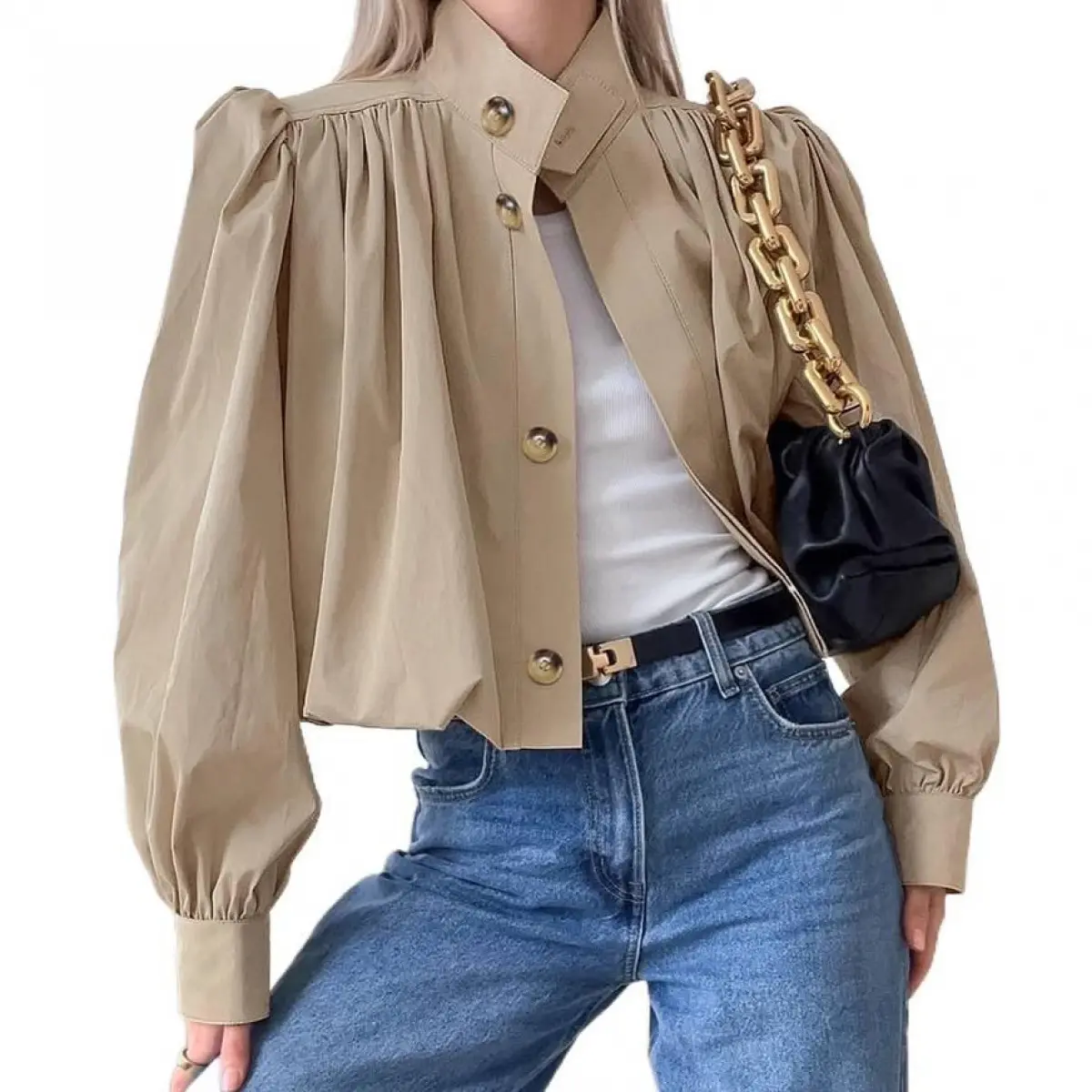 Women's Khaki Trench Coat, Classic Collared Short Jacket with Puff Sleeves and Pleats, Lightweight Outerwear for Dresses, Plus Size, Dress, M, Long Sleeve, Pleated, Elegance, Casual, Solid, Clothes, Tailored Cut, Commute Look, Normal Type, Tailored Fit, T