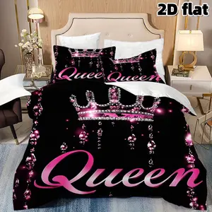 2D Flat 3Pcs Elegant Queen Crown Decorative Duvet Cover, Pink Gemstone and Sparkle Design Bedroom Bedding Set (1 Cover+2 Pillowcases, Unfilled), Soft Microfiber for Bedroom Dormitory Decor, Gift Her