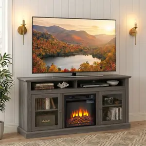 Eyisean Modern 60" Traditional TV Stand with 18" Electric Fireplace Heater & Media Entertainment Center, Farmhouse Glass Door Storage Cabinet and Open Shelve