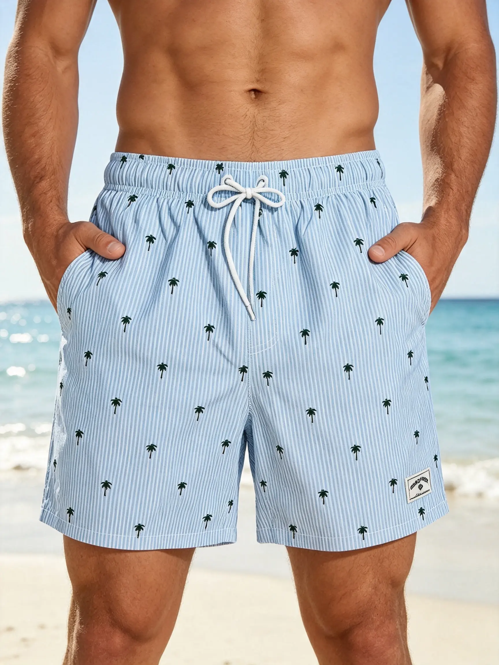 Men's palm tree print shorts, men's bottoms, men's shorts, surfing shorts, swim trunks, beach shorts, quick-dry swim shorts, anti-chafing triangle lining, casual loose shorts, vacation shorts, water-friendly, adjustable waist, multiple sizes